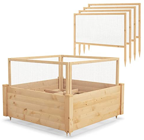 GOPLUS Carré Potager en Bois avec Clôture en Grillage & Base Ouverte, Jardinière Surélevée avec Zones de Plantation Réglables, Lit de Plantation pour Jardin, Balcon, Terrasse