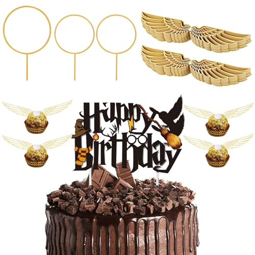 54 Stück Glitter Magier Happy Birthday Tortendeko,Wizard Cupcake Topper Deko,Golden Snitch Wings Schokolade Cake Topper Geburtstag,Kindergeburtstag Party Deko Kuchen Deko,Magic Theme Party Supplies