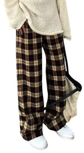 Minetom Femme Pantalon à Carreaux Taille Haute Elastique Pantalons Jambes Larges Casual Plaid Ample Sport Pants avec Poches
