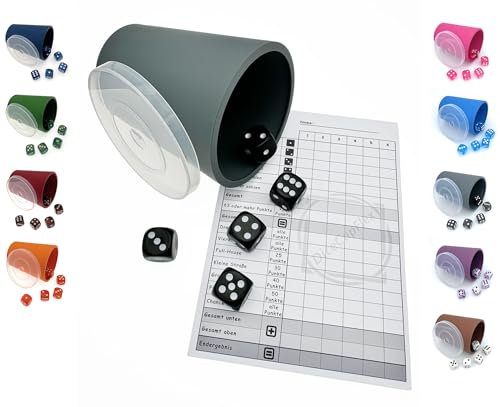 DiceCupFlex - Flexibler Würfelbecher mit Deckel inkl. 5 Würfel und Würfelblock, Spielblock - Made in Germany (Grau)