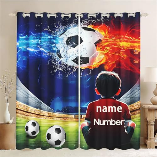 CHEFFS Fußball Verdunkelungsvorhänge Mit Ösen, Personalisierte Gardinen Blickdicht 2er Set Für Jungen (1,100 x 140 cm(2X50X140cm))