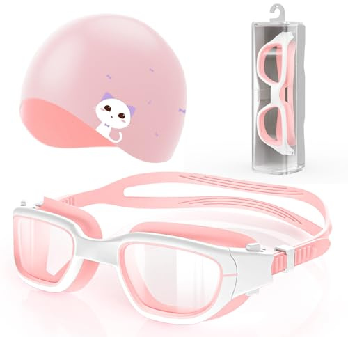 Zeligerstar Occhialini da nuoto per bambini con cuffia da nuoto in silicone, occhialini da nuoto per bambini dai 6 ai 14 anni, anti-appannamento, protezione UV, set di occhiali da piscina per ragazzi