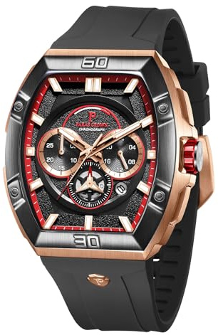 PC PARAS CROWN Uhren Herren mit Japanischem Uhrwerk 5ATM Chronograph Quarzuhr Edelstahl Tonneau-Gehäuse Herren Uhr mit Silikonarmband