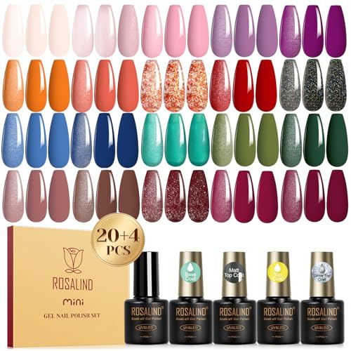 ROSALIND UV Gel Nagellack Set 24 Stück Gel Nagellack Braun Orange Rot Lila | Blau Grün UV Nagellack Herbst Winter, UV/LED Mini Farbgel Gelnägel Gel Nail Polish für Nagel Design Geschenk