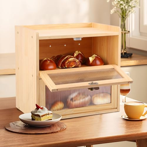 Brotkasten Holz, 2 Etagen Brotkasten mit Magnetisch Transparent Fenster, Bread box, Großer Brotaufbewahrungsbehälter, Brotbehälter Brotaufbewahrung, Brotbox für Lagerung von Lebensmitteln (C)