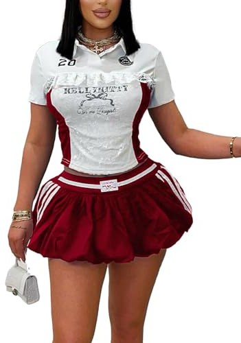 longlugoo Women's Sport Skirt Set 2 Piece Lace Combo Top & Bubble Mini Skirt Set Sexy Short Sleeve Bodycon Y2k Party Club