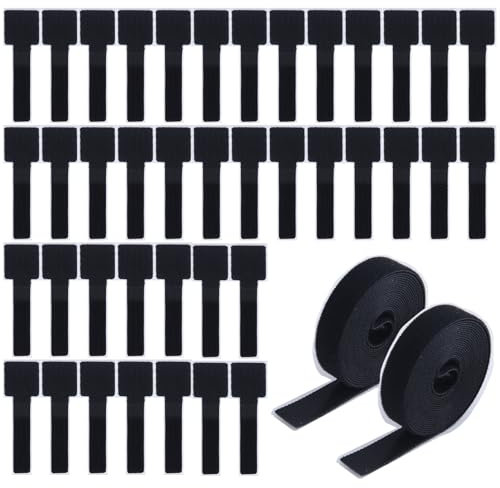 GOLD DEER 40 PCS Self Adhesive Hook and Loop Cable Ties with 2 Rolls Extension Straps Reusable Sticky-Back Cord Organizer Hook and Loop Cable Management Under Desk for Home and Office (Black)