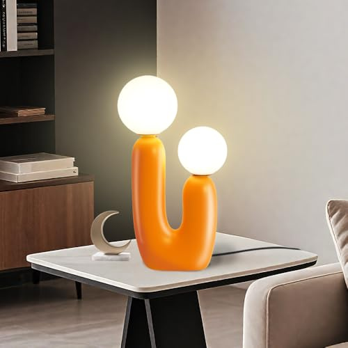 TONGNIDA LED Table Lamp Cute Cactus Bedside Lamps,Modern Decor Mushroom Bed Side Lamps for Bedroom,Orange Resin Desk Lamp with 2 Globe Lampshades,Funny Gifts for Kids Family,G9 Base