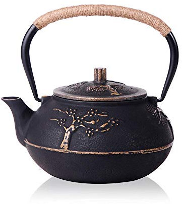 Bouilloire à thé en Fonte 900 ML, Accessoires pour Le thé, Grand Service à thé, décoration de Maison pour Amis, Famille, Amateurs de thé - Pivoine Noire (Bambou Noir)