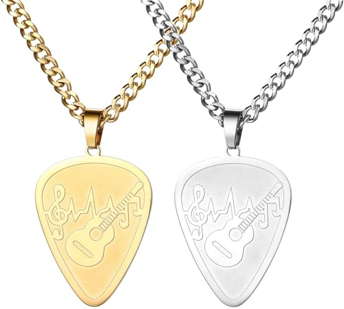 JewelryWe Gitarren Plektrum Kette Herren, Edelstahl Halskette Panzerkette mit Musiknoten und Gitarre Personalisierbare Plektron Anhänger mit Kubanischer Kette - Musik Geschenk für Gitarristen