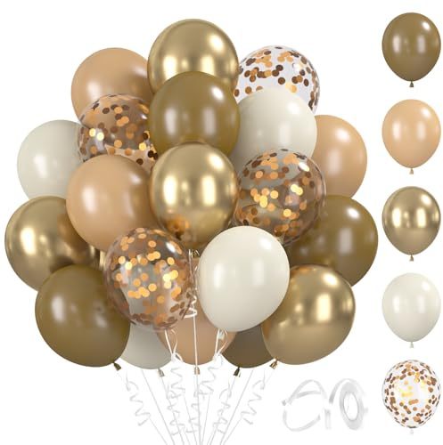 BlooMoo 60 Stück Luftballons Braun Beige, 12 Zoll Latex Luftballons Braun Gold, Metallic Ballons und Konfetti Ballons Set, für Geburtstag Hochzeit Babyparty Party Dekoration