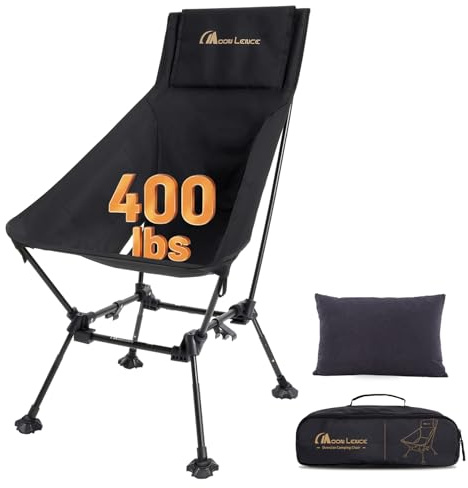 MOON LENCE Oversized High Back Camping Chair with Pillow for Adults, Height Adjustable Folding Chair with 400 lbs Capacity, Hidden Pillow Pocket & Wide Seat for Camping, Fishing, Base Camp, Black