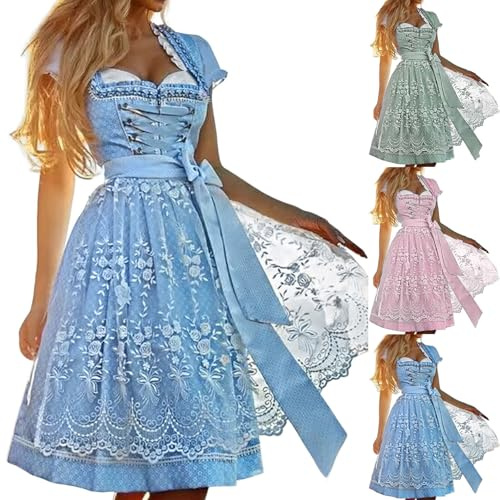 Dirndl Damen Midi, Trachtenkleid Damen Knielang, Trachtenrock Dirndl-Komplettsets Elegant Bayerisches Outfit Modern Tracht Kleid Raffinierte Dirndelkleider für Oktoberfest & Karneval