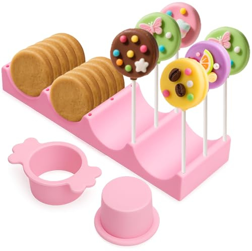 Juome Round Cake Pop Mold with 9 Inch Tray Stand, ABS Cake Pop Cutter and Pusher Set, Circle Cake Pop Maker Kit, Baking Molds for Birthday Parties, Home Baking Desserts
