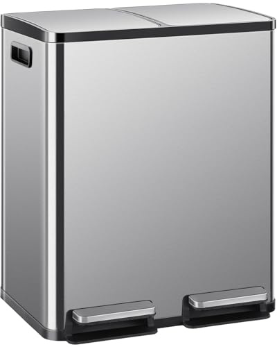 DUMOS Kitchen Trash Can, 2×8-Gallon Garbage Can with Lid, Stainless Steel Trash Bin with 2 Removable Inner Buckets, Soft-Close Foot Pedal, Fingerprint-Resistant for Kitchen Home Office