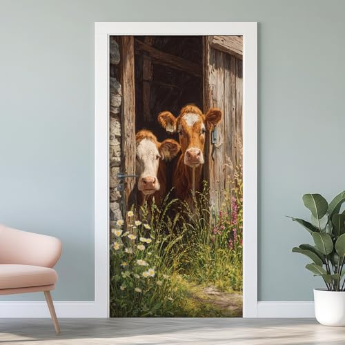 Kuh Bauernhof Türfolie Selbstklebend, Bauernhaus Tiere 3D Fototapete Türposter, Wildblumen Türtapete Vinyl Wasserfest für Schlafzimmer Wohnzimmer Küche 90x200 cm W4v99