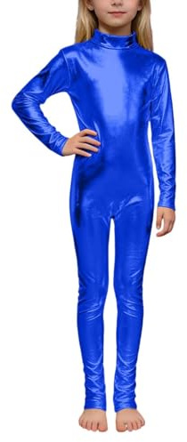 Generisch Tuta intera metallizzata per bambini, a maniche lunghe, con collo alto, senza piede, per fitness, sport, leotard, body da ginnastica per ragazze, Blu, M
