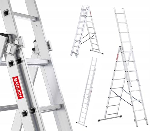 Baulich - Escalera Multiusos 3en1 de Mano - Escalera de Pared y Tijera - Aluminio Extensible - 3x8 (peldaños) Versátil, Plegable, hasta 150kg, para Trabajos en Casa y Jardín, Ligera 11 kg, Plateada