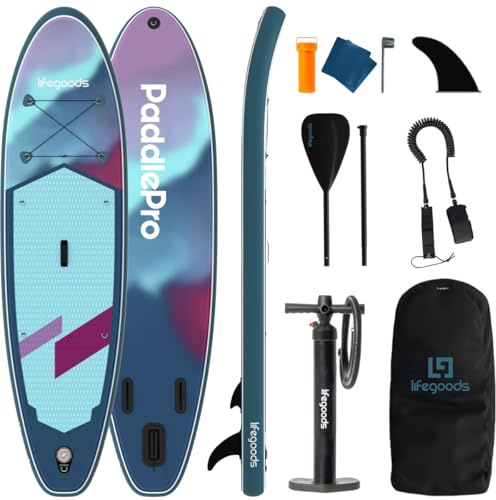 LifeGoods SUP Board Set - Aufblasbare Stand Up Paddling Board - Komplettes Set inklusive Zubehör und Verstellbares Padel - Geeignet für Anfänger und Fortgeschrittene - Bis 100KG - 320x81cm