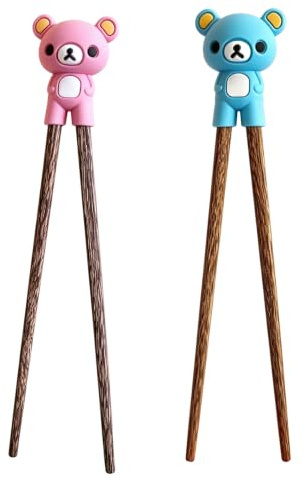 2 par träningspinnar för nybörjare, 18 cm ätpinnar i trä, återanvändbara naturliga ätpinnar med silikonhjälp för sushi och nudlar, rosa och blå björn