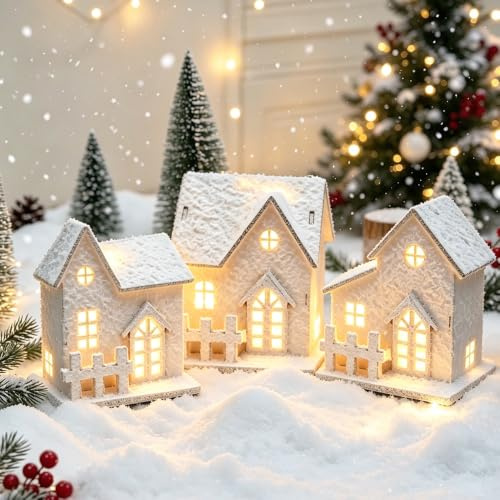 Julby med belysning, 3 stycken, belyst julhus, juldekoration trä LED inomhus, tomtehus med ljus, julstad juldekoration amerikansk, julhus, jul (B)