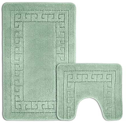 Velosso Non Slip Striped 2 Piece Bath Mat & Pedestal Mat Greek Key Plain Colours (Sage)