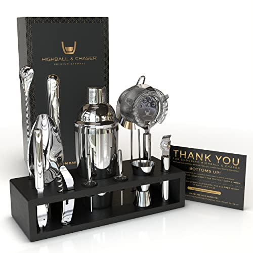 Highball & Chaser Bartender Kit With Bamboo Stand - Cobbler Cocktail Shaker Set With Tools and Accessories for Home Bar - 304 Stainless Steel Kit With Stand for Gifts (Black)
