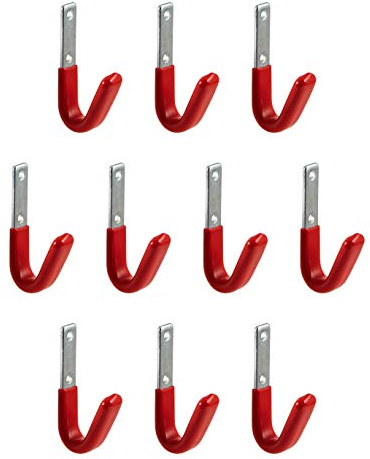 Wandhaken Gummiert rot Montage-Haken Garage zum Schrauben 35 x 82 mm | Universal-Haken Stahl verzinkt | Metall-Haken gebogen | Ordnungshaken Keller - Werkstatt | 10 Stück - Gerätehaken Wand-Montage