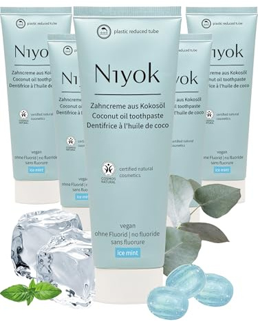 Niyok Zahncreme Eisminze 5 x 75 ml mit Bio-Kokosöl | Mit Bio-Kokosöl, Xylit und Kreide für die tägliche Zahnpflege, fluoridfrei, mit frischem Eisminzgeschmack
