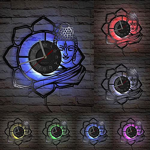 Horloge Murale Bouddha Gramophone Record Horloge Murale Bouddhiste Lotus rétro Horloge Murale Horloge Lampe Panneau Artisanat