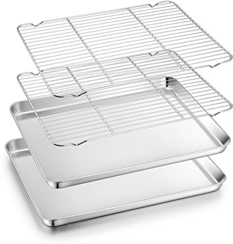 TeamFar Backblech mit Gestell, 44,7 x 33 x 2,5 cm, Edelstahl, Backblech-Set mit Kühlgitter zum Backen/Braten/Kühlen, ungiftig & strapazierfähig, spülmaschinenfest, 4er-Set