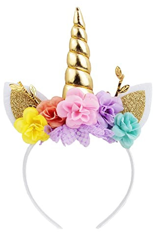 Nishine Einhorn Horn Floral Stirnband Glitter Ohren Pony Kopfbänder Tiara für Mädchen Party Geburtstag Cosplay(Gold&Rosa)