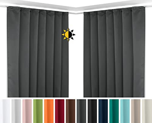 BEAUTEX 2er Set Kräuselband Verdunkelungsvorhang mit U-Band, Gardinen abdunkelnd und Blickdicht (B=300 cm, H=245 cm, Dunkelgrau)