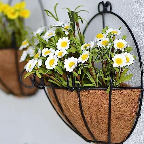 SMELEYOU Hanging Basket Liner, Metal Wall Hanging Planter Basket with Coconut Lining Half Round Wire Flower Pots Hangers for Indoor Outdoor Garden Porch Decor 2 Pcs