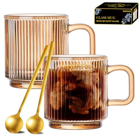 HMWEB Glass Coffee Mug Espresso Cups for Coffee 12 oz Classical Vertical Stripes Glass Tea Cups Transparent Glasses for Latte Juice Chocolate Gift