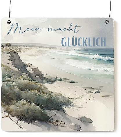 Interluxe Schild Holzschild XL - Meer macht glücklich - maritimes Dekoschild mit Spruch für Freunde Familie