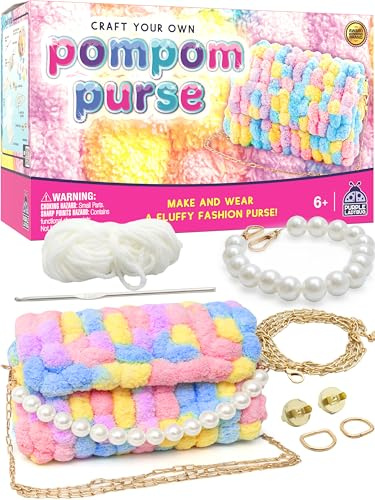 PURPLE LADYBUG Pompon-Tasche Bastelset - Geschenk für Kinder ab 6 Jahren, Coole Geschenkidee für Mädchen von 7-13 Jahren, Geschenke und Bastelset für Mädchen