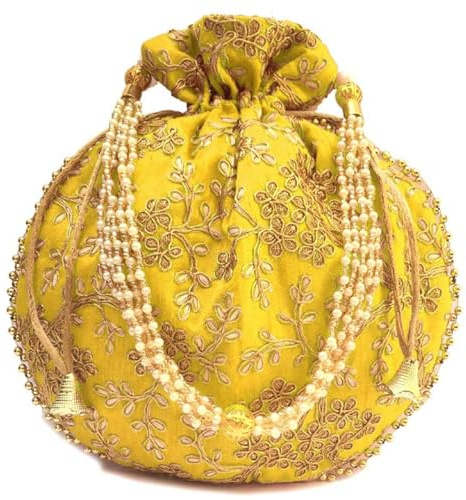 Estationeryhouse Sac à main en soie Potli fabriqué à la main pour femme - Style indien brut - Pour fête, mariage, cadeau traditionnel, jaune, 22x20 cm