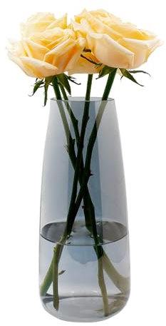Blumenvase Glas, Ins Moderne Klarglas Vase, 22 cm Hoch Glasvase für Tischdeko, Dekorative Vasen für Pampasgras, Tulpen, Orchideen, Rosen, Trockenblumen (Rauchgrau)