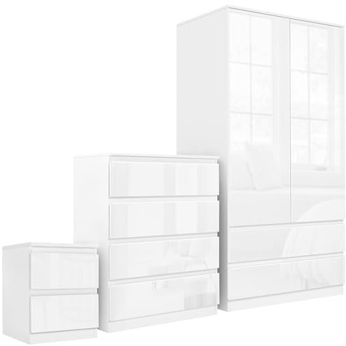 High Gloss Bedroom Furniture Set 3 Piece Bedroom Set with Gloss 3 Door Wardrobe 4 Drawer Chest of Drawer + 2 Drawer Bedside Table Cabinet for Bedroom Storage Set, White