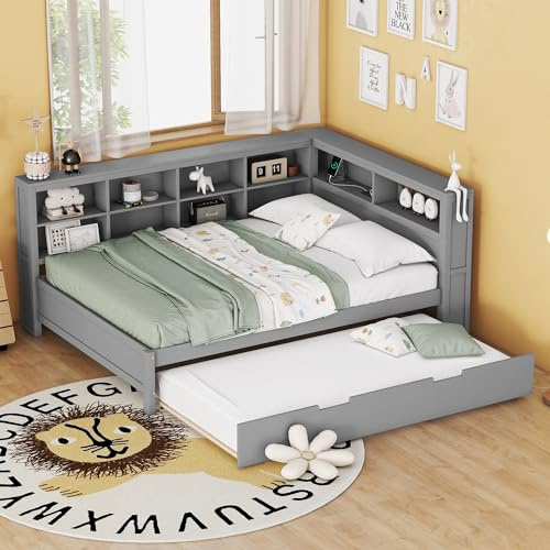YESGIGA Schlafsofa 90x200, Ausziehbares Bett 90x190 mit USB-Steckdose und Mehreren Ablagefächern, Massivholzbett, Einzelbett, Holz-Multifunktionsbett (Grau, 140x200cm)