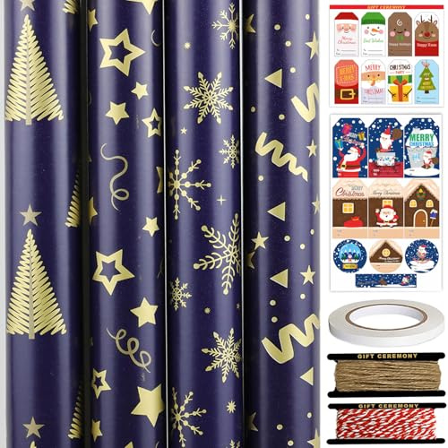 FullJoyHut 4 Rollen Weihnachtsgeschenkpapier je 43cm x 3M - Blaues Geschenkpapier Weihnachten Set, Weihnachtspapier mit Geschenkanhänger Geschenkband für Xmas Geschenkverpackung