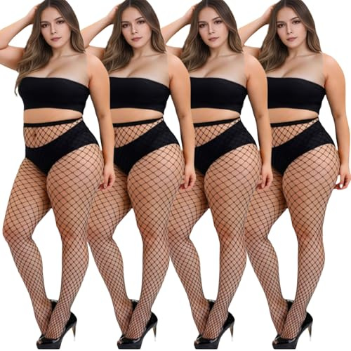 MOSIERRY 4 par nätstrumpbyxor dam plus size svart elastisk hög midja fisknätstrumpor för kvinnor 45-100 kg, L nät, L Plus