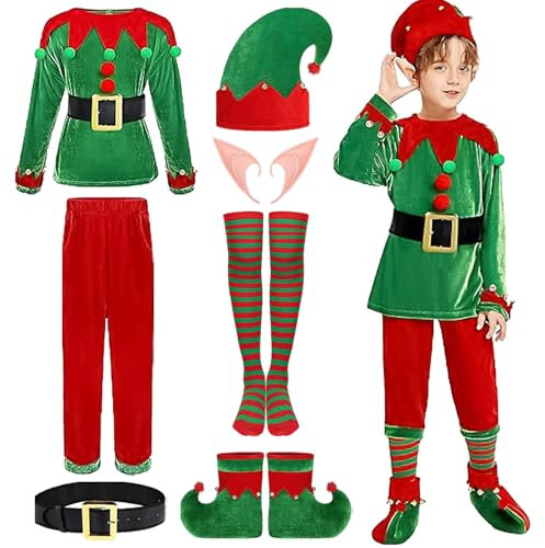 Hallojojo Weihnachtself Kostüm für Jungen Set 7-teiliges Elf Kostüm Weihnachten Elf Verkleidung Kinder Elfenkleidung Halloween Karneval Party Performance Weihnachten Kostüm Fancy Dress