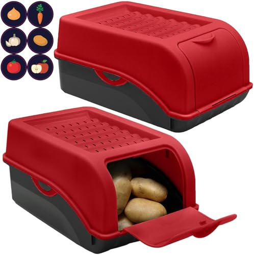 ARTECSIS® 2 x Kartoffel Aufbewahrungsbox mit Deckel für 2,5 kg Kartoffeln (rot) - Vorratsbehälter & Vorratsdosen Gemüse & Lebensmittel - Kartoffelbox, Zwiebelbox, Gemüsebox (inkl. 6 Aufkleber)