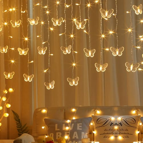 Lichtervorhang Innen 3x3.5m Lichterketten Vorhang mit Timer, 8 Modi Schmetterlings Vorhang Lichterkette Hängend USB Lichtervorhang Für Frühling Hochzeit Party Ramadan Wand Schlafzimmer Deko (Warm)