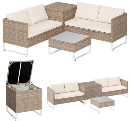 STEELSØN Alniyat Rattan Gartenmöbel Set 4-TLG. – Gartenlounge mit Bänken, Tisch & Auflagenbox – Sitzgruppe Outdoor beige Garten/Balkon/Terasse – Sitzgarnitur Set Metallgestell wetterfest