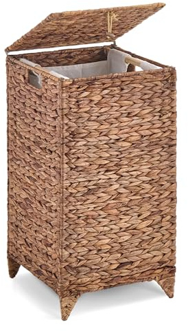 LGENHOOM Cesta de lavandería tejida a mano con tapa, cesta de lavandería de jacinto de agua natural, cesta de ropa de mimbre con bolsa extraíble