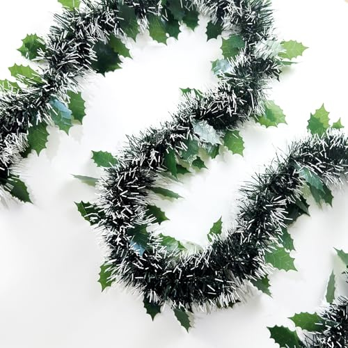 32.8Ft Christmas Tinsel Garland with Holly Leaves Shinny Metallic Twist Tinsel Garland for Christmas Tree Ceiling Hanging Stairs Decoration Party Supplies (Dark Green)