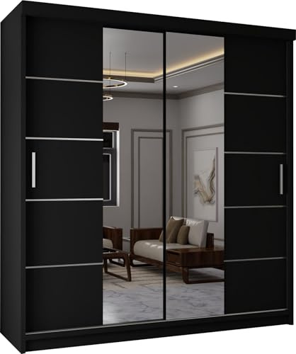 MN Furniture Modern Double Sliding Door Wardrobe 2 Mirrored Hanging Rails & Shelves Storage Cabinet for Bedroom (Antilia Black, 203cm)